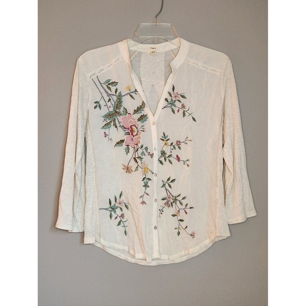 Anthropologie Tiny Eden Ivory Floral Embroidered Top Size XS Boho!